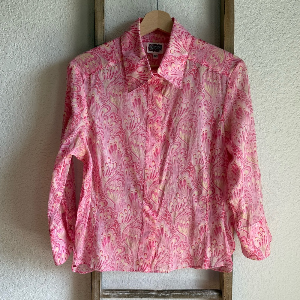 Leggiadro Vintage Pink/Yellow Design Button Down Top Sz: 12
